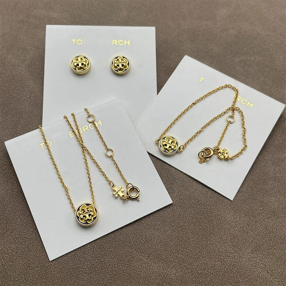 Tory Burch Double Gold Plated Enamel Floral Pendant Necklace Bracelet Earring